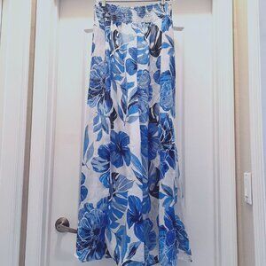 Girl Soul-NWOT-Women's Sheer Wide Leg Flowy Pants-Cover Up-Floral-Blue/White-L